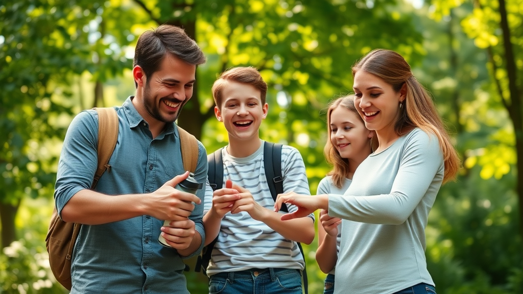 happy family applying tick repellent before hiking to prevent Powassan virus spread