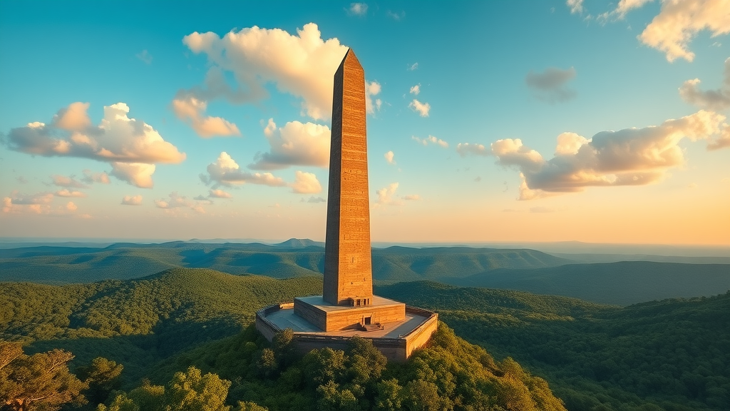 High Point Monument obelisk bathed in golden hour light, towering above rolling green hills and forests, highest elevation in New Jersey