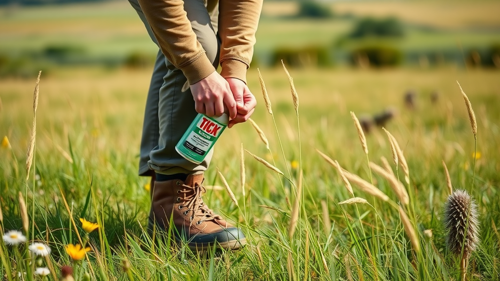 Outdoor enthusiast in long sleeves spraying tick repellent for tick-borne illness prevention