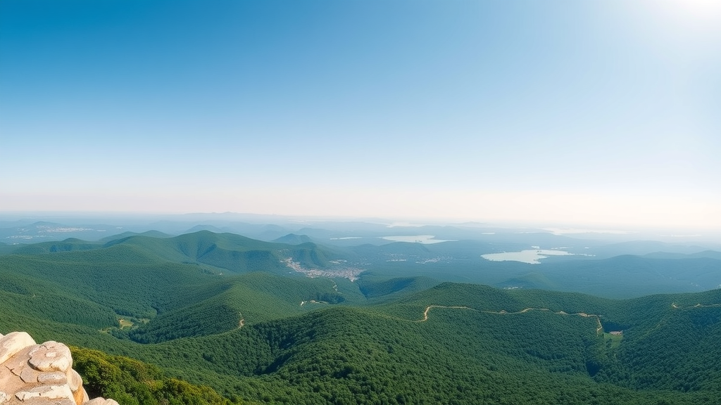 Panoramic view from High Point Monument summit with distant mountains, lakes, lush green forests; highest elevation in New Jersey