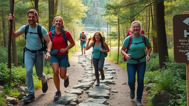 Hikers on the Monument Trail ascending toward High Point Monument, surrounded by dense forest and wayfinding signs; hiking New Jersey