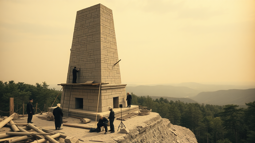 Historic photo of High Point Monument under construction, scaffolding, workers, Sussex County, state of New Jersey