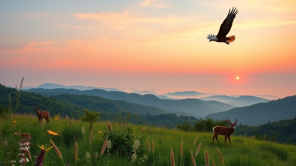 Serene view of Kittatinny Ridge at sunrise, wildflowers, deer grazing, bald eagle soaring, New Jersey