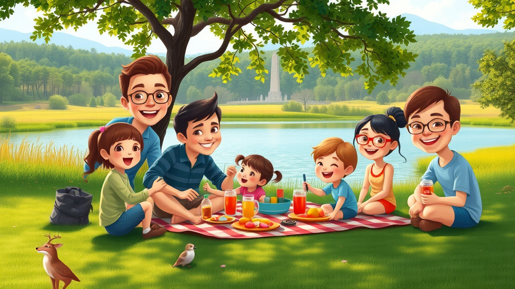Family enjoying picnic and fishing near Lake Marcia with High Point Monument in the distance; outdoor activities in High Point State Park