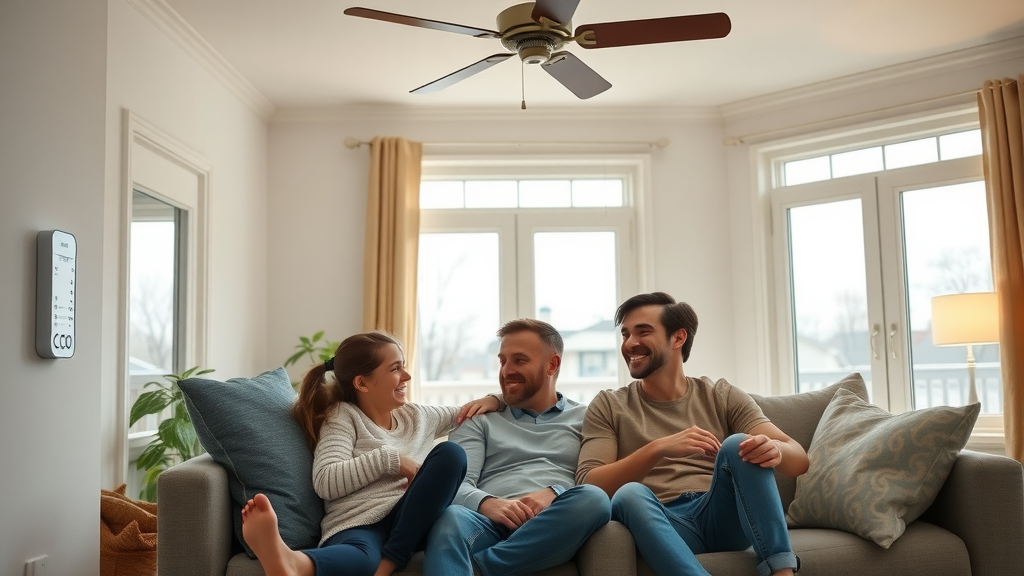Happy Newton, NJ family in comfortable living room with heating and cooling system