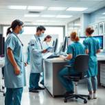 Photo realistic busy hospital nurse's station with nurses and doctors in action.