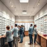 Busy optometrist store scene with people fitting and trying on glasses.